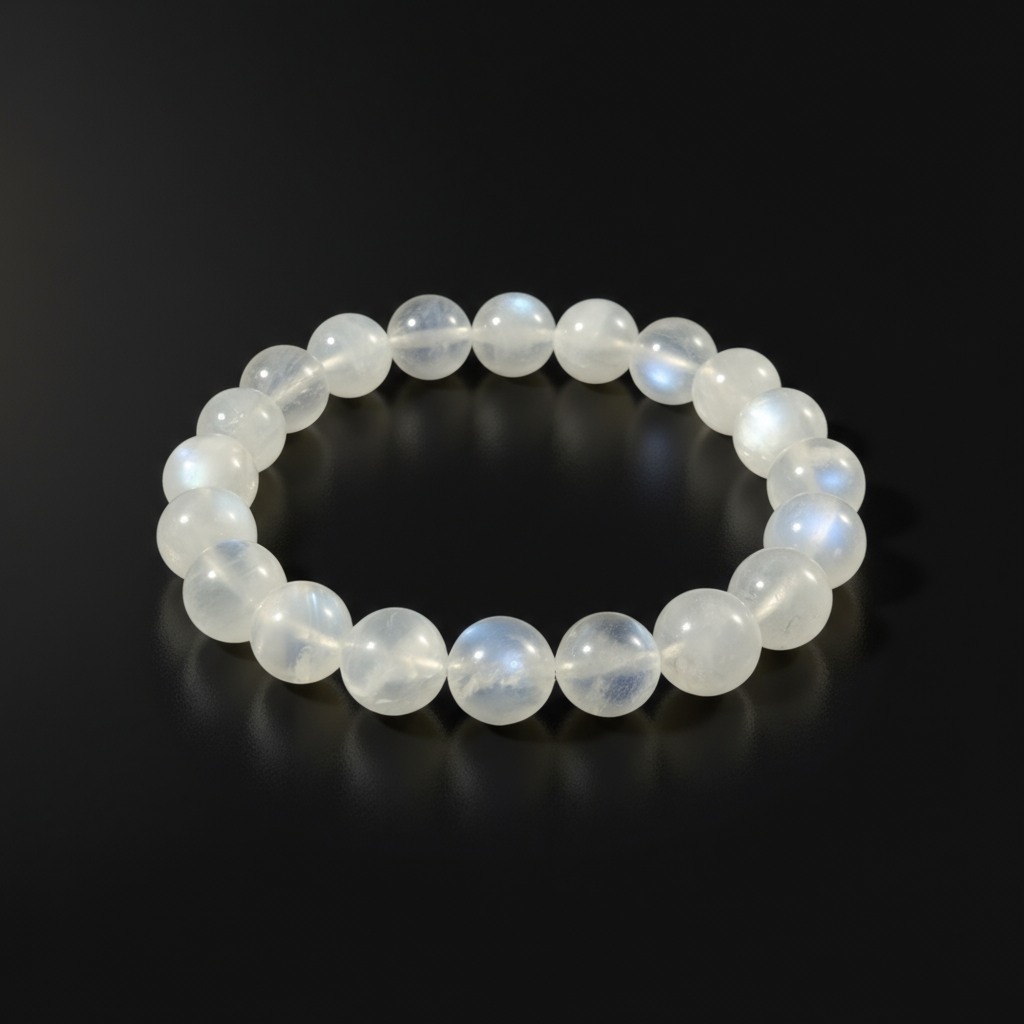 Etheris | Energy Bracelets | White moonstone beaded bracelet on a black background