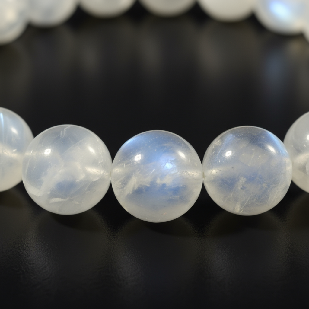 Etheris | Energy Bracelets | Close-up of a string of white & blue moonstone beads on a dark background