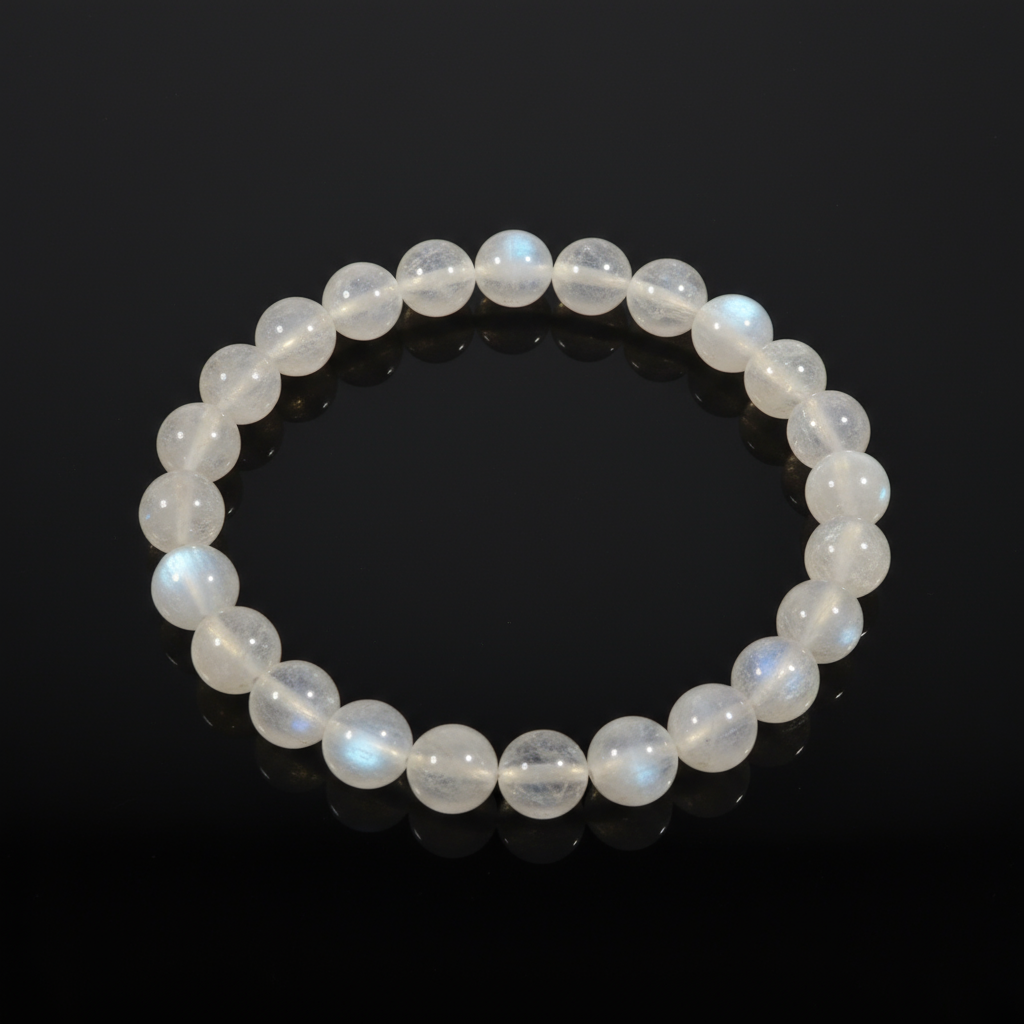 Etheris | Energy Bracelets | Moonstone Beaded bracelet with a reflective surface on a black background