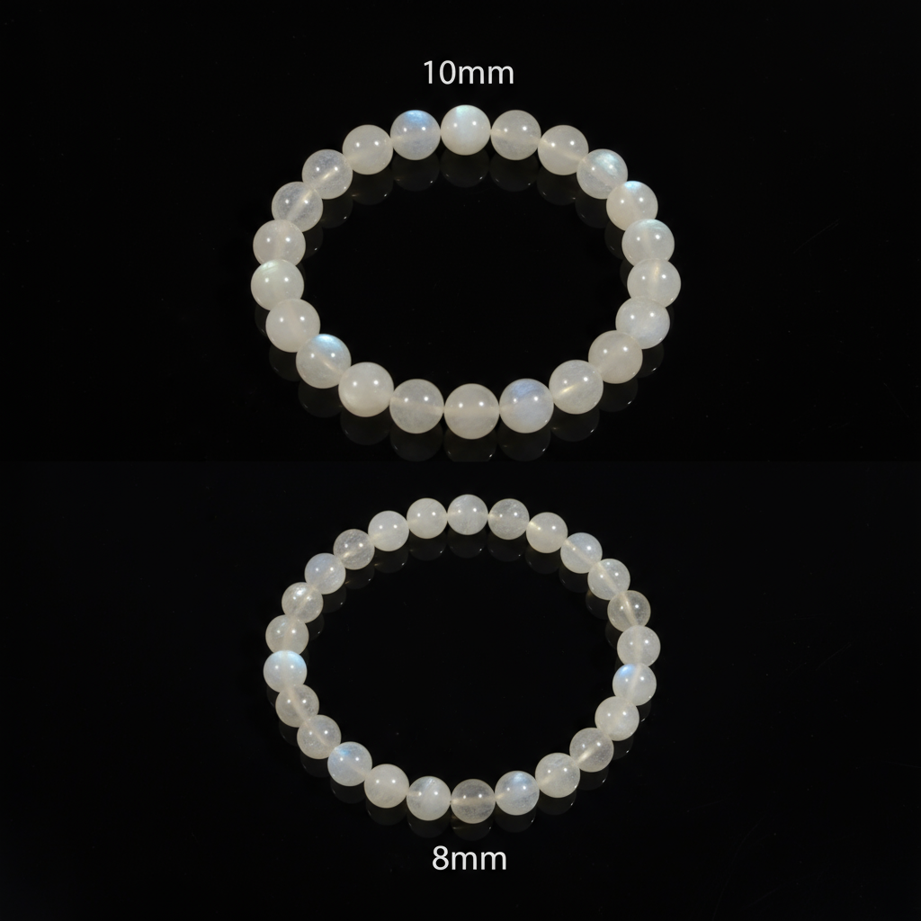 Etheris | Energy Bracelets | Two white moonstone beaded bracelets with measurements on a black background