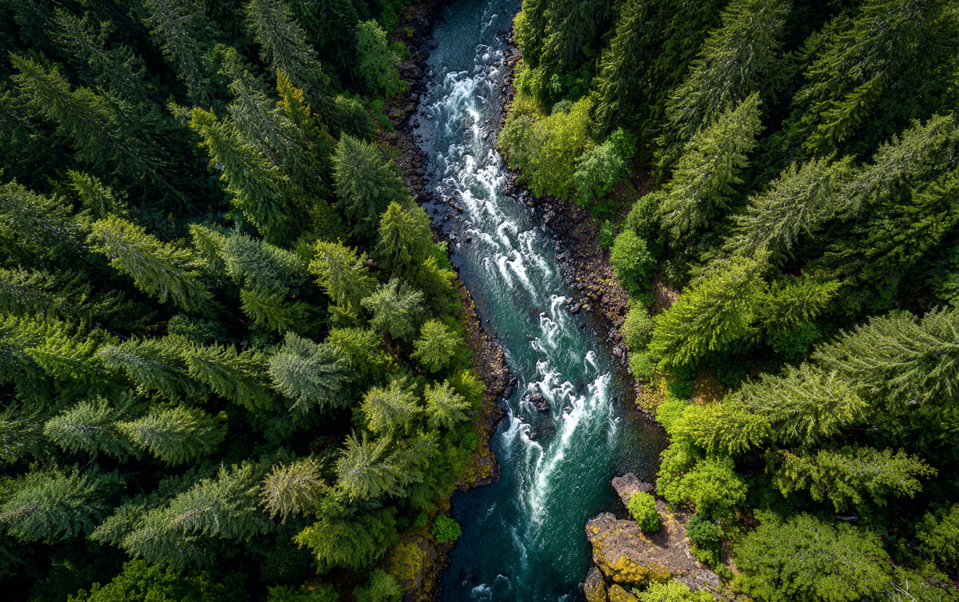 Aerial view of a river flowing through a dense forest