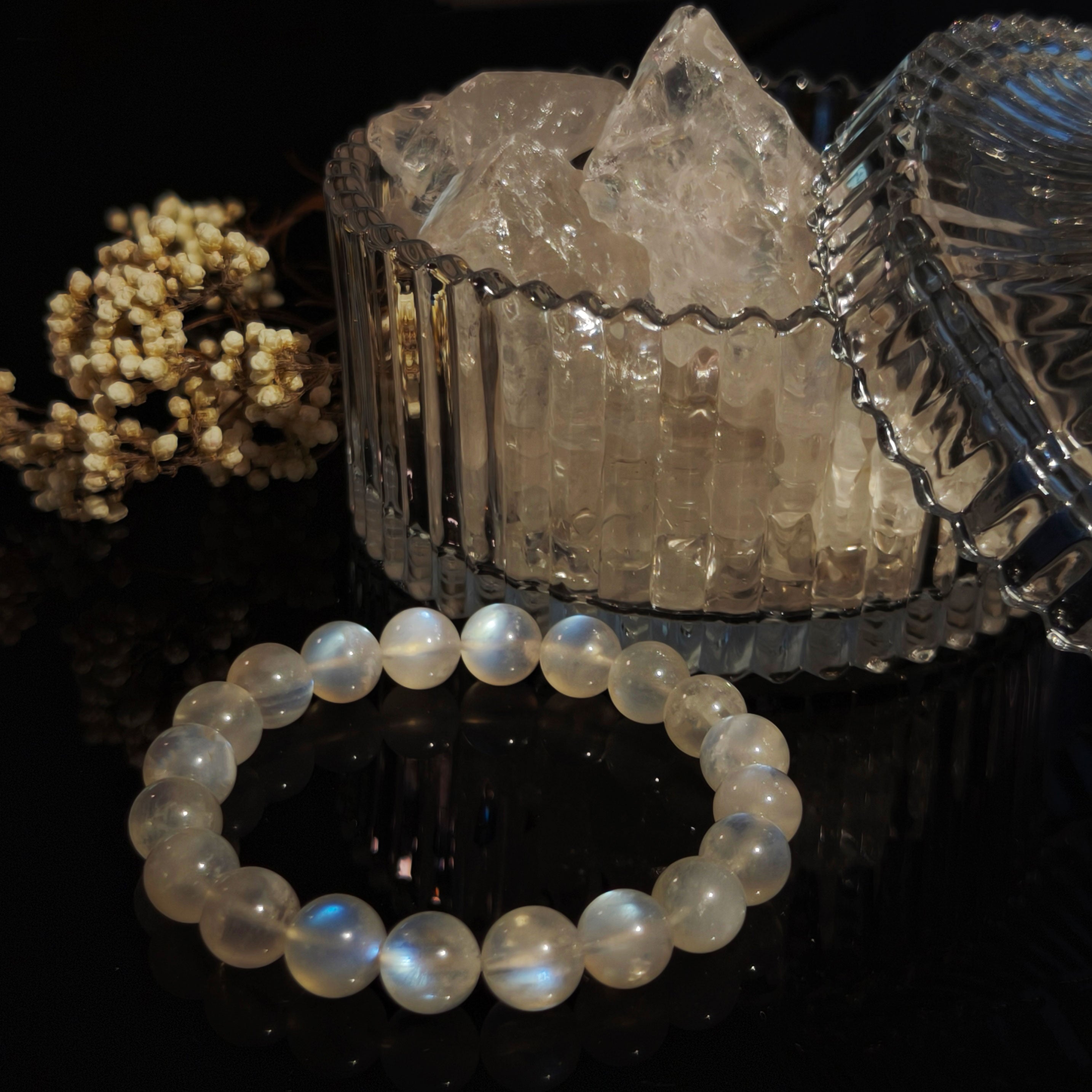 Etheris White Moonstone Beaded Bracelet - Prominent Blue Flash Genuine Gemstone