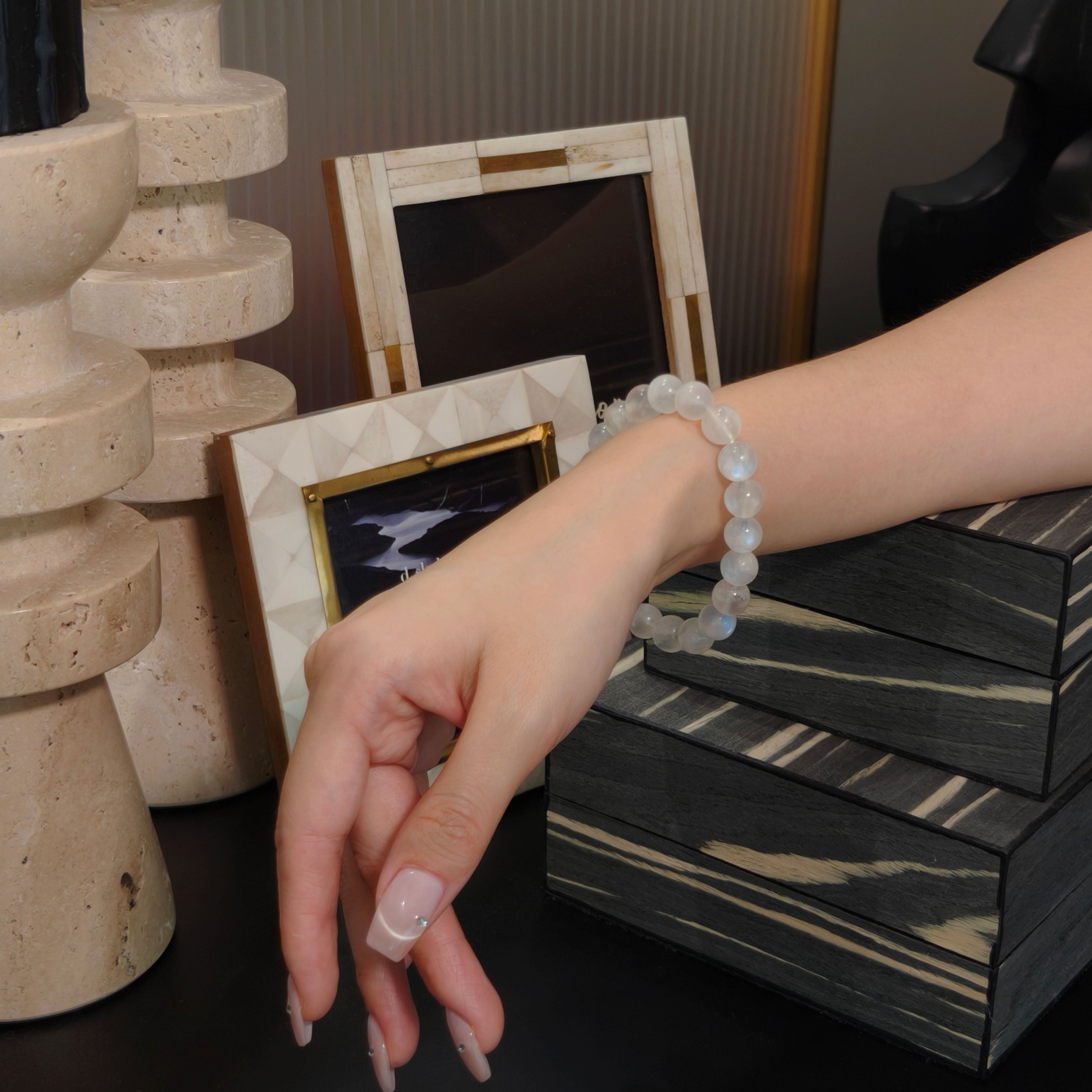 Etheris White Moonstone Beaded Bracelet - Prominent Blue Flash Genuine Gemstone