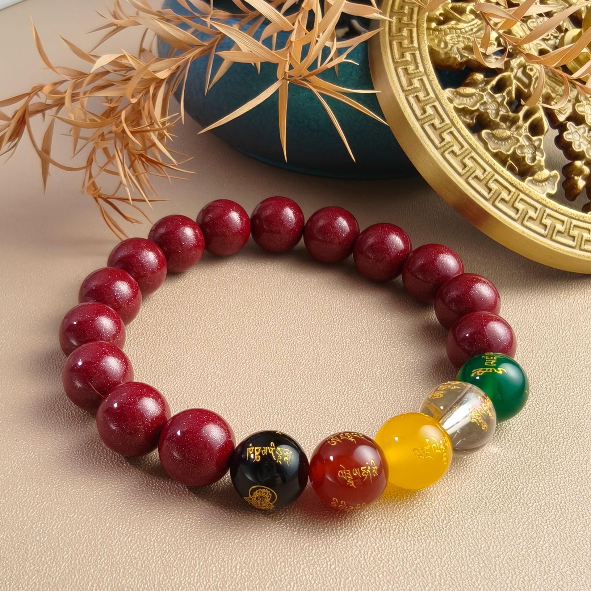 Etheris Feng Shui Wealth Blessing Bracelet – Natural Cinnabar and Agate with Five Gods of Wealth representation, designed to attract prosperity, abundance, and powerful good luck in all aspects of life.