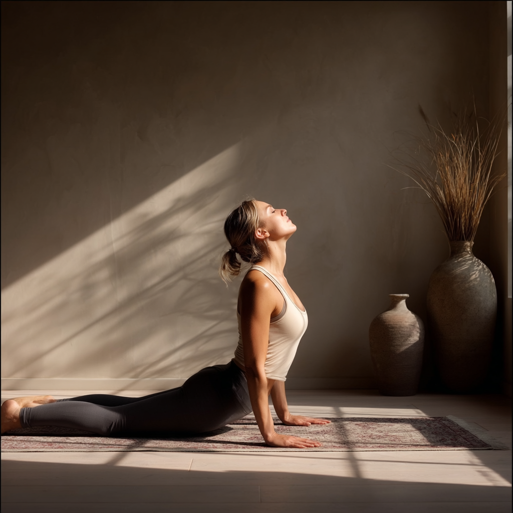 Woman practicing yoga in a sunlit room with decorative vases.