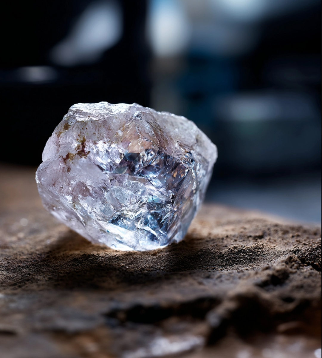 Raw diamond on a dark surface with a blurred background