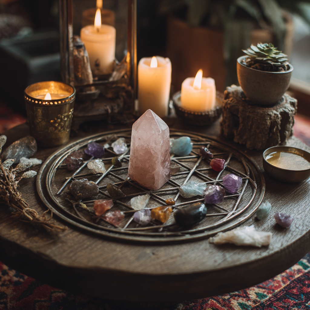 Wiccan altar with crystals, candles, and a crystal tower on a wooden surface.