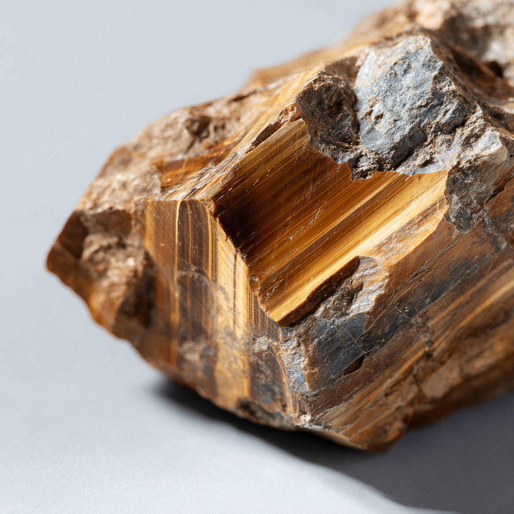 Close-up of a brown tiger eye crystal stone with a gray background
