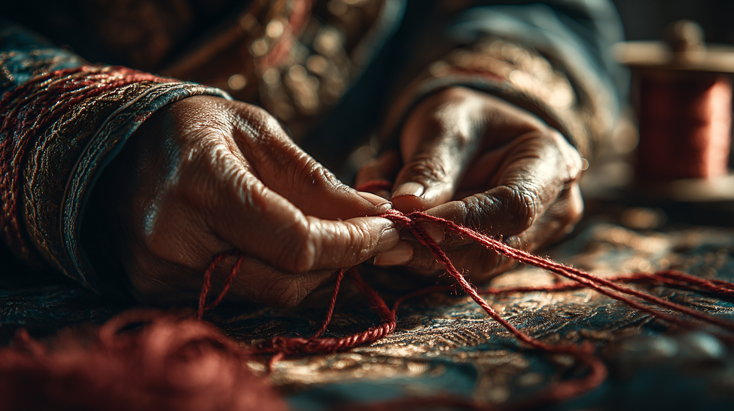 Close-up of hands working with red yarn on a textured surface