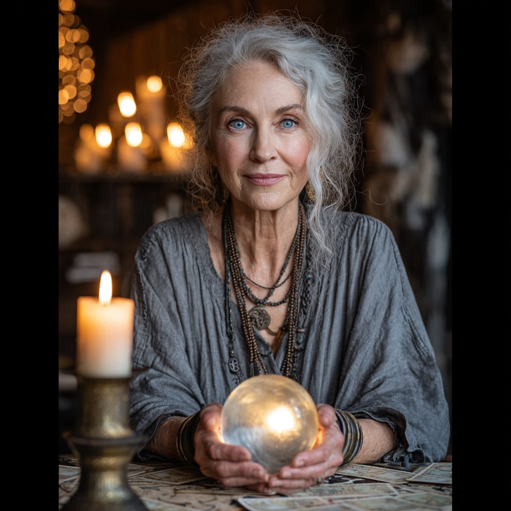 Woman holding a glowing crystal ball in a dimly lit room with candles.