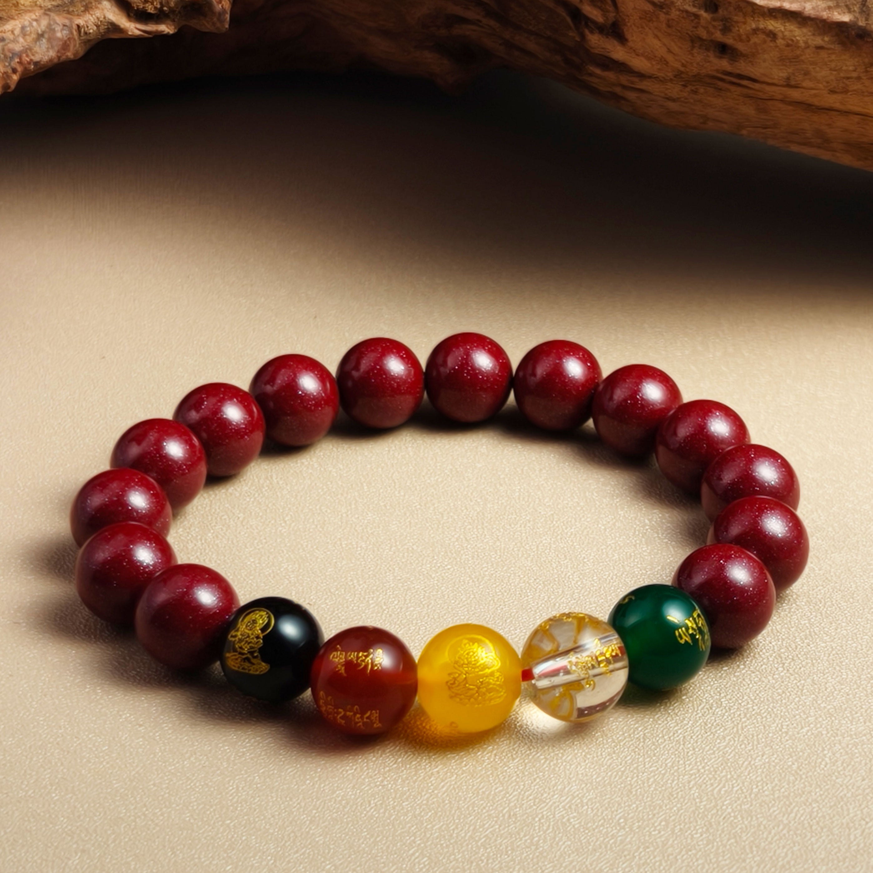 Etheris Feng Shui Cinnabar Of Wealth Blessing Bracelet – Genuine Red Cinnabar and Agate beads with Five Directions Gods of Wealth, serving as a money magnet and prosperity amulet for attracting financial opportunities and luck.