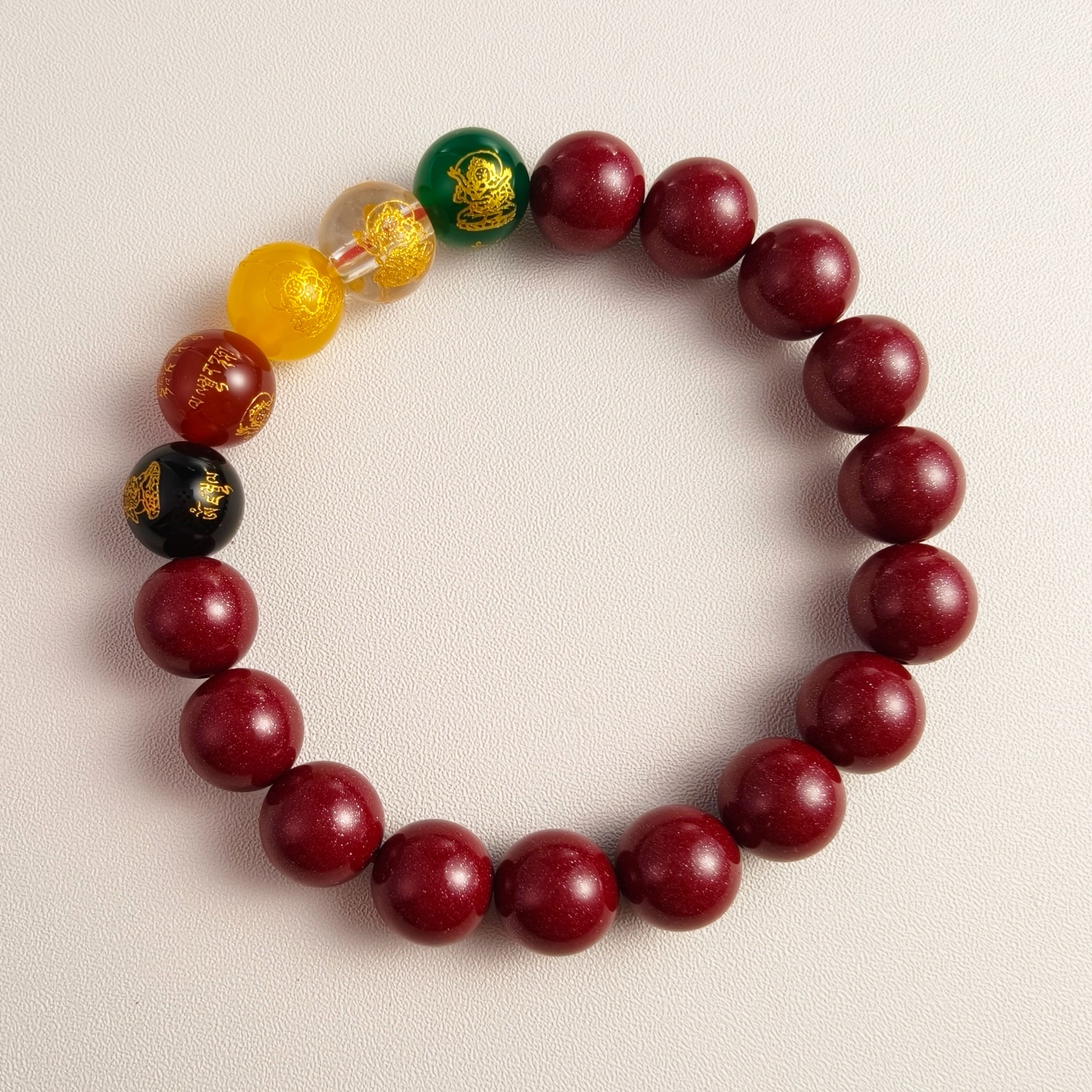 Etheris Feng Shui Cinnabar Of Wealth Blessing Bracelet – Authentic Red Cinnabar and Agate Beads, featuring the Five Gods of Wealth for attracting prosperity, abundance, and positive financial luck.