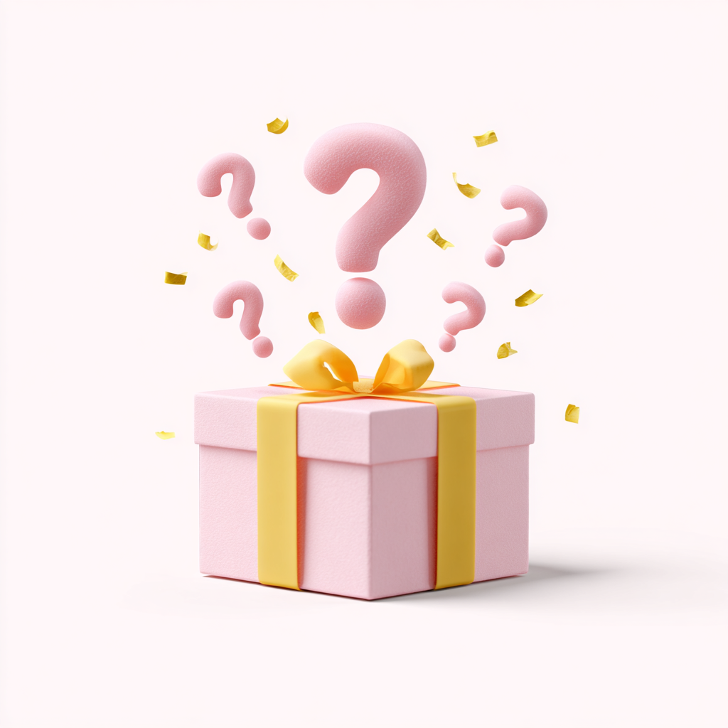 Pink gift box with a yellow ribbon and question marks on a white background
