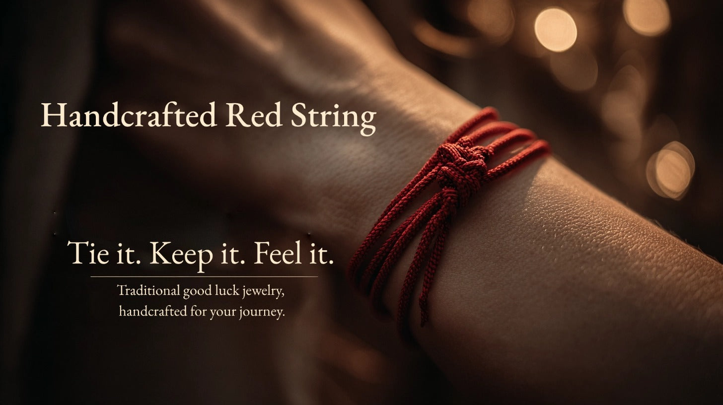 Handcrafted red string bracelet on a wrist with a blurred background