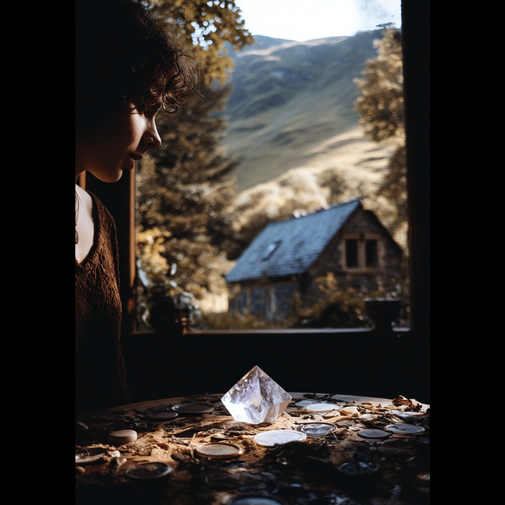 Person looking out a window at a mountain view with a crystal on a table in the foreground.