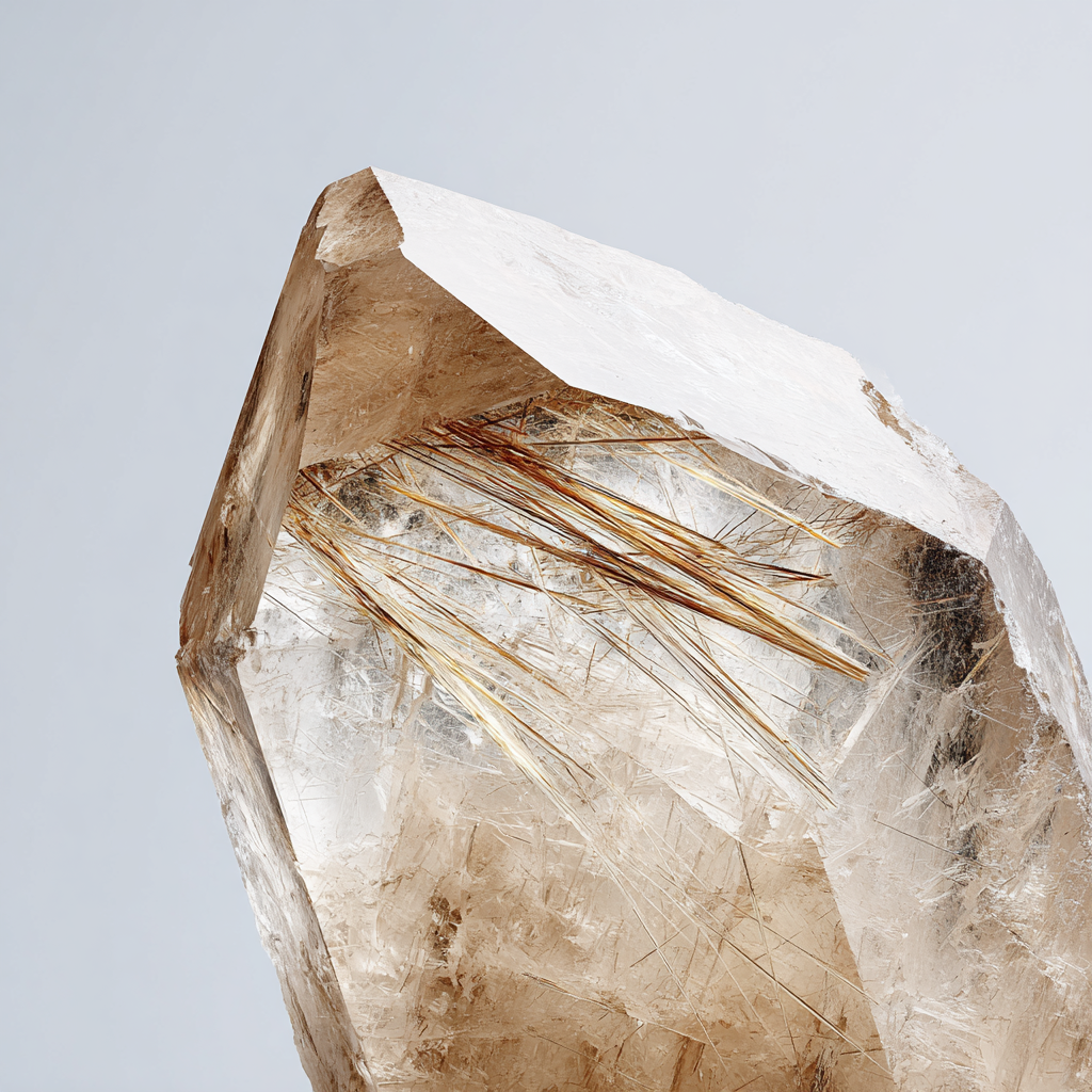 Close-up of a brown rutilated quartz crystal with a clear background